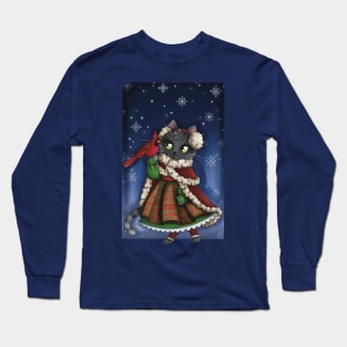 Winter Kitten and Cardinal Long Sleeve T-Shirt